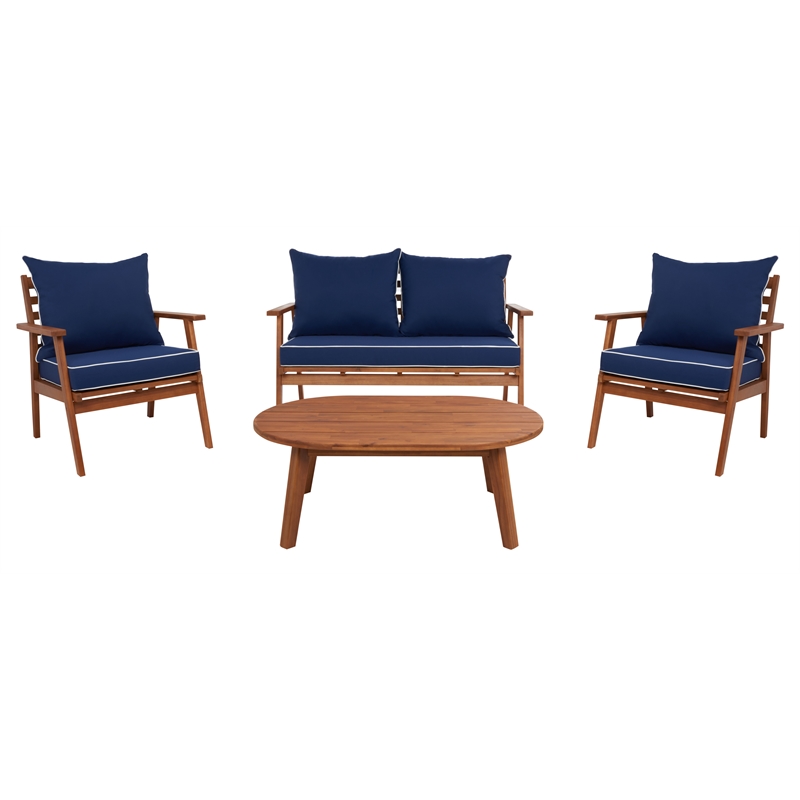 Safavieh Deacon 4 Pc Wood Living Set in Natural / Navy