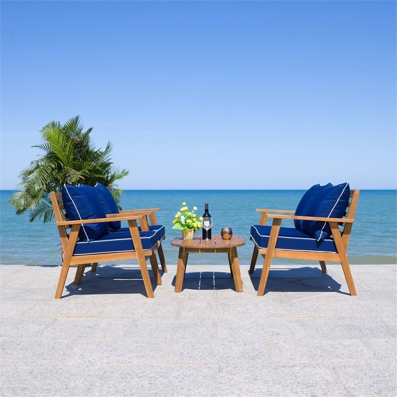 Safavieh Deacon 4 Pc Wood Living Set in Natural / Navy