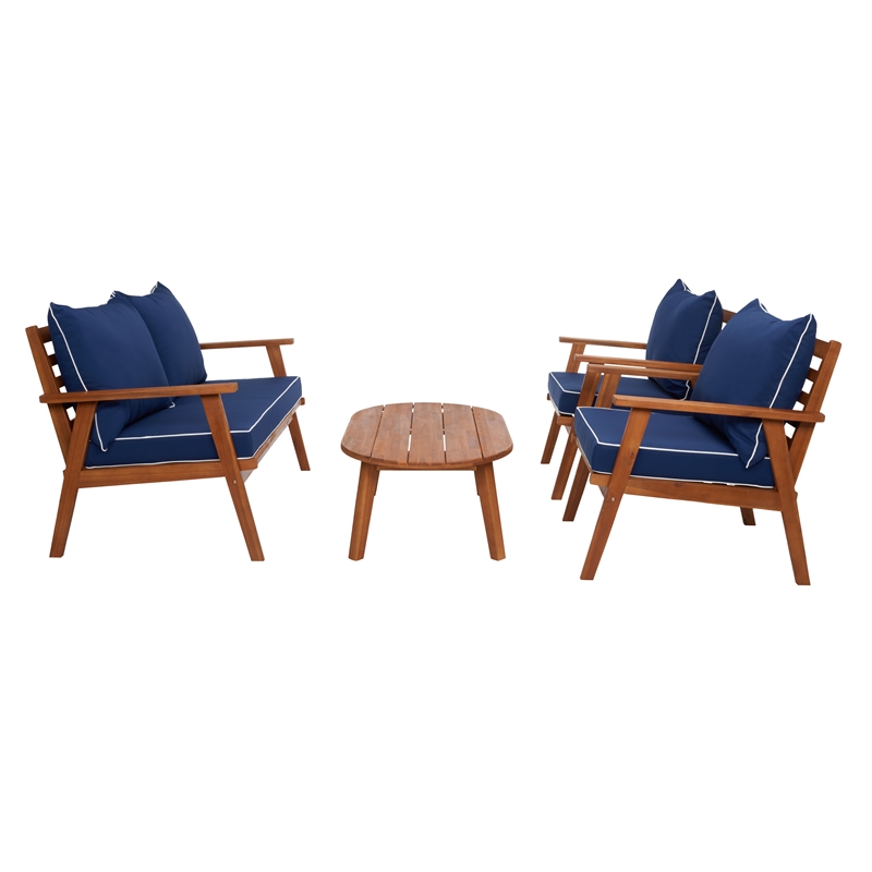 Safavieh Deacon 4 Pc Wood Living Set in Natural / Navy