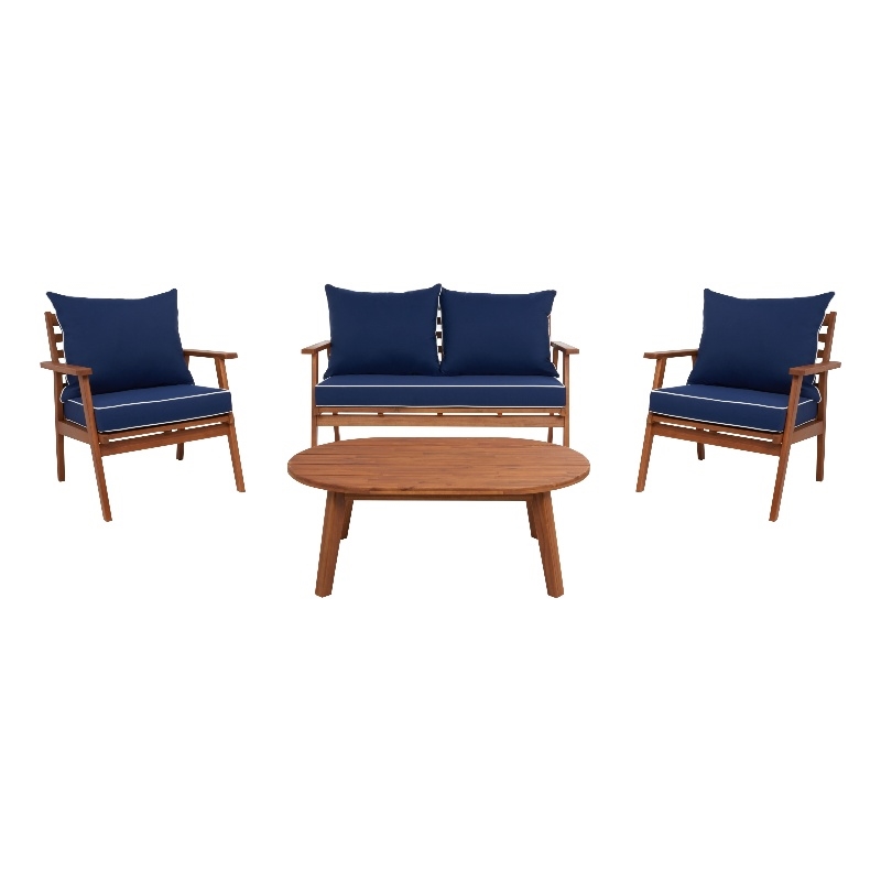 Safavieh Deacon 4 Pc Wood Living Set in Natural / Navy