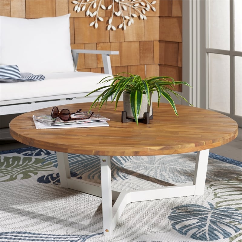 Safavieh Leo Round Wood Coffee Table 3 Legs in Natural / White
