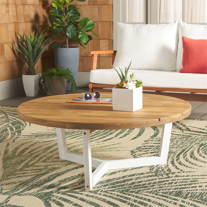Safavieh Leo Round Wood Coffee Table 3 Legs in Natural / White