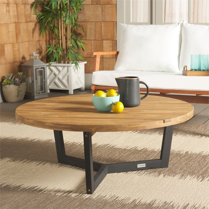 Safavieh Leo Round Wood Coffee Table 3 Legs in Natural / Black