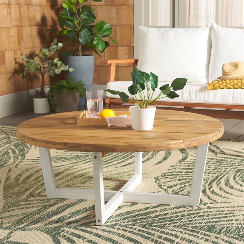Safavieh Leo Round Wood Coffee Table 4 Legs in Natural / White