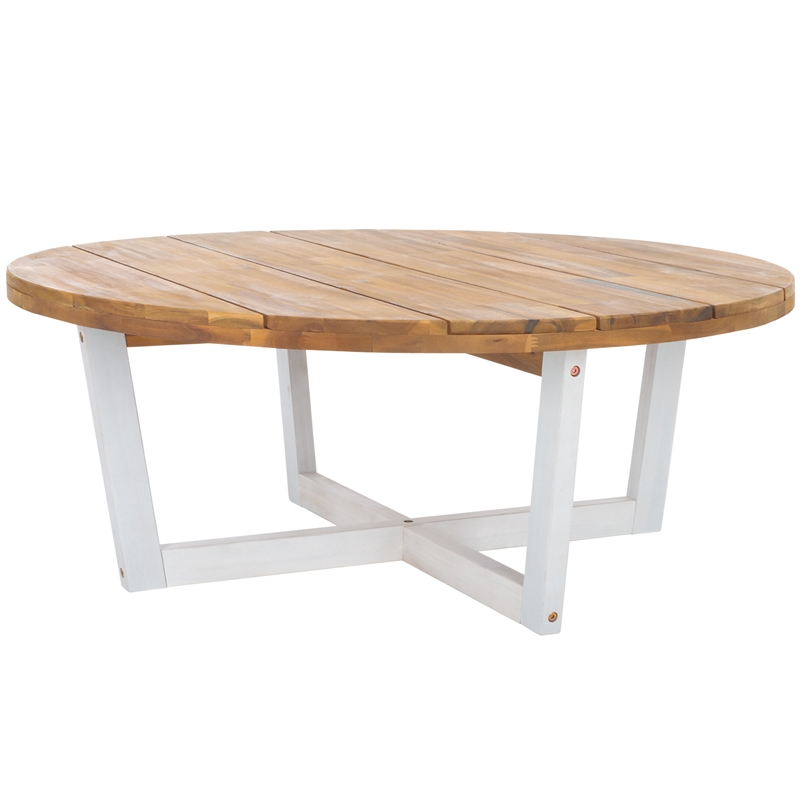 Safavieh Leo Round Wood Coffee Table 4 Legs in Natural / White
