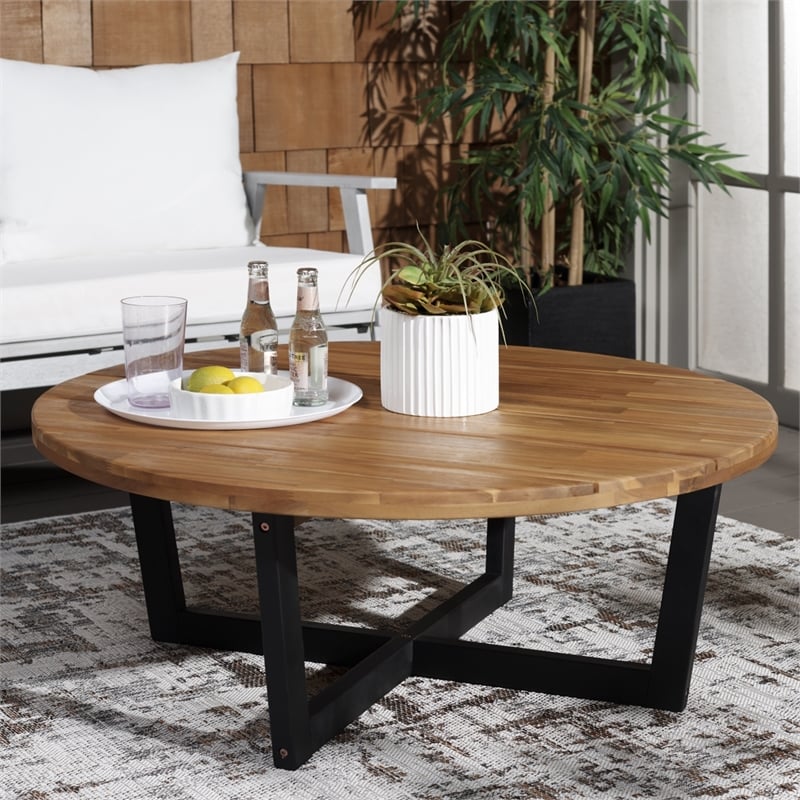 Safavieh Leo Round Wood Coffee Table 4 Legs in Natural / Black