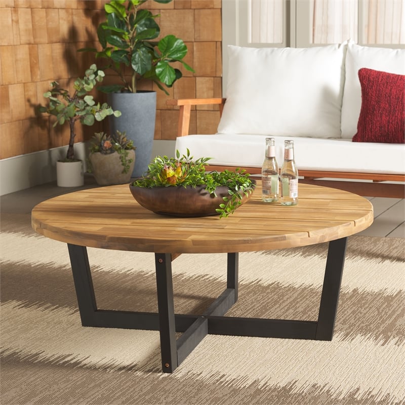 Safavieh Leo Round Wood Coffee Table 4 Legs in Natural / Black
