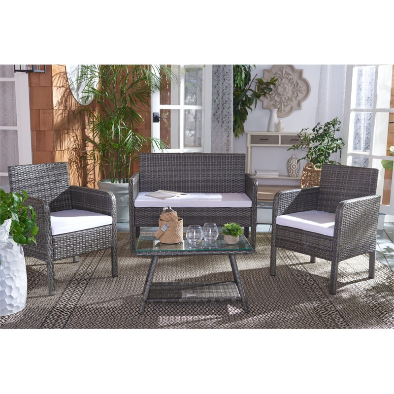 Safavieh Aboka 4Pc Wicker and Rattan Living Set in Gray / Brown / White