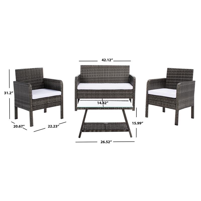 Safavieh Aboka 4Pc Wicker and Rattan Living Set in Gray / Brown / White
