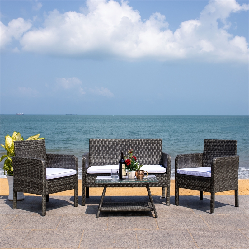 Safavieh Aboka 4Pc Wicker and Rattan Living Set in Gray / Brown / White