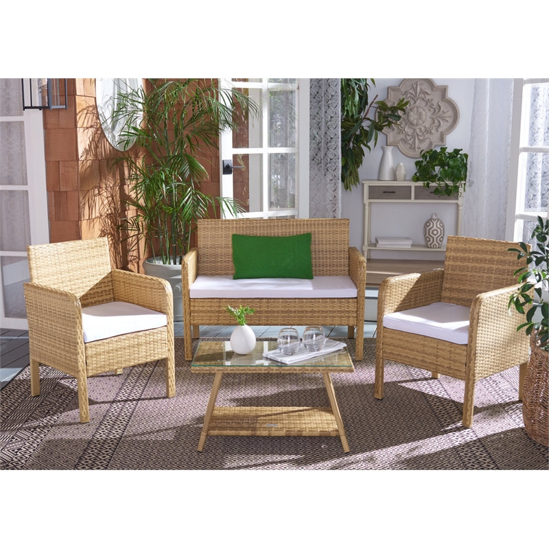 Safavieh Aboka 4Pc Wicker and Rattan Living Set in Natural / White