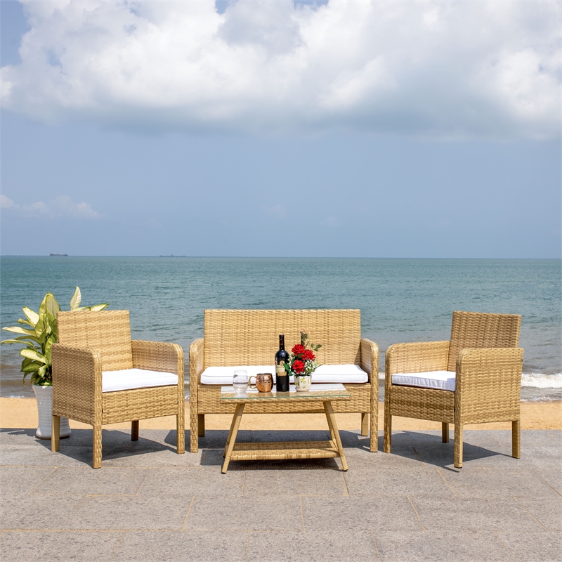 Safavieh Aboka 4Pc Wicker and Rattan Living Set in Natural / White