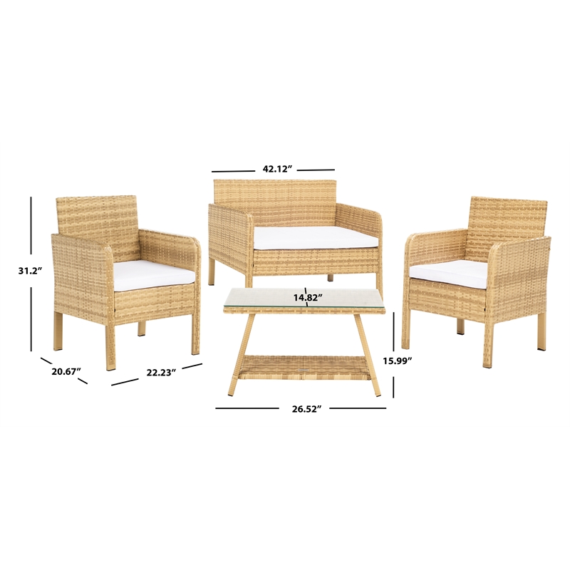Safavieh Aboka 4Pc Wicker and Rattan Living Set in Natural / White