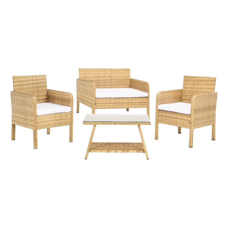 Safavieh Aboka 4Pc Wicker and Rattan Living Set in Natural / White