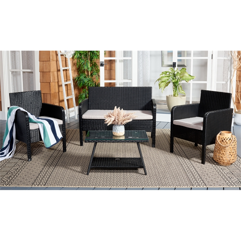 Safavieh Aboka 4Pc Wicker and Rattan Living Set in Black / Light Gray
