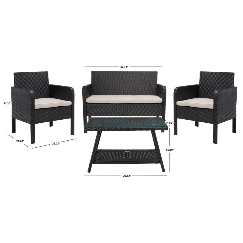 Safavieh Aboka 4Pc Wicker and Rattan Living Set in Black / Light Gray