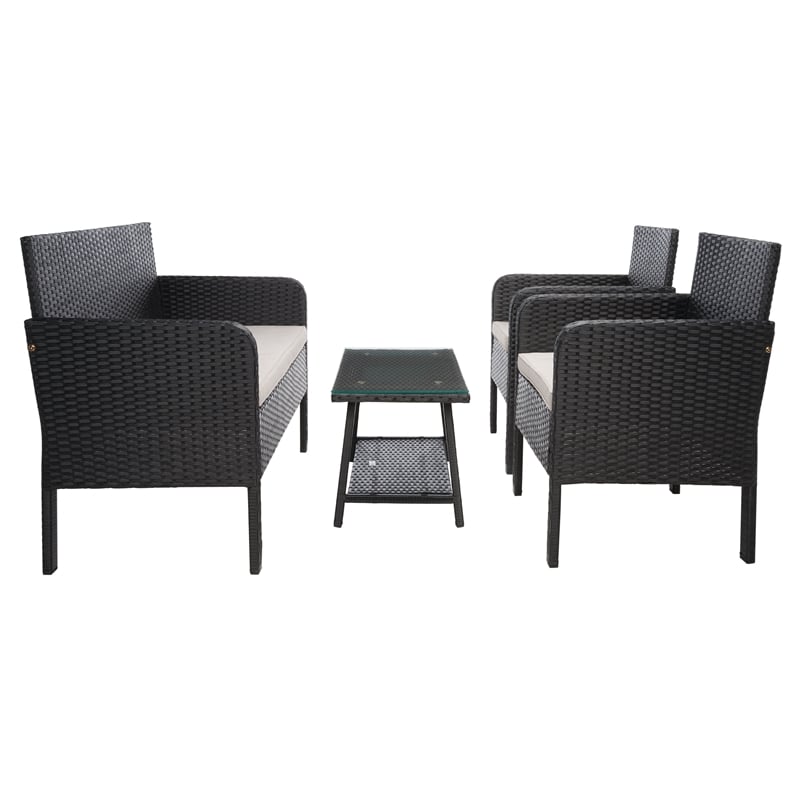Safavieh Aboka 4Pc Wicker and Rattan Living Set in Black / Light Gray