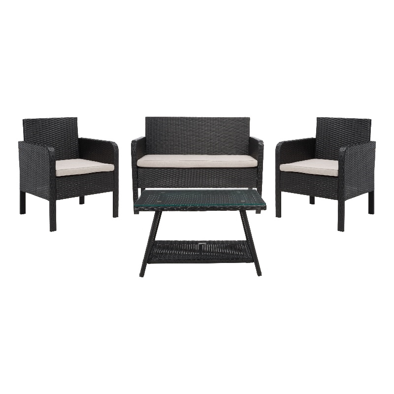 Safavieh Aboka 4Pc Wicker and Rattan Living Set in Black / Light Gray