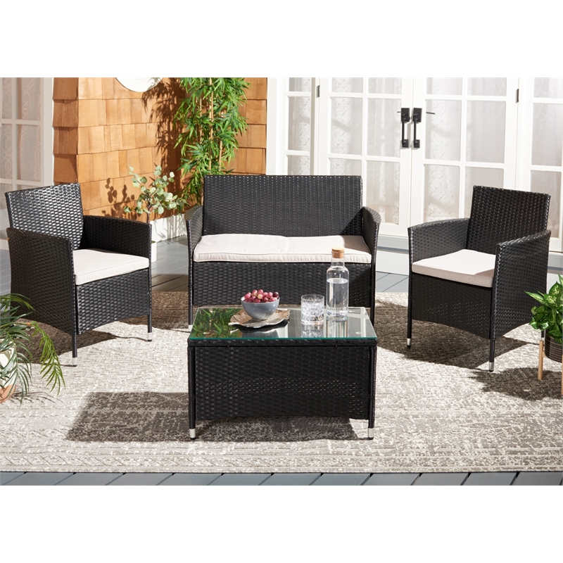 Safavieh Bandele 4Pc Wicker and Rattan Living Set in Black / Light Gray