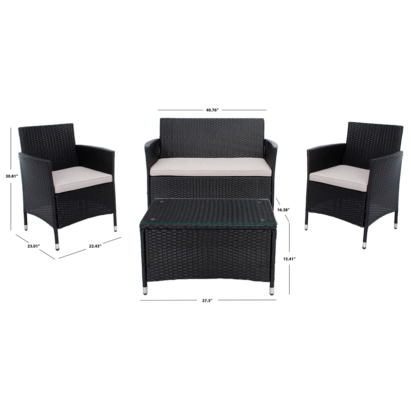 Safavieh Bandele 4Pc Wicker and Rattan Living Set in Black / Light Gray