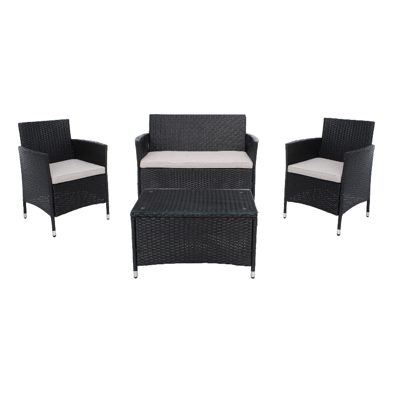 Safavieh Bandele 4Pc Wicker and Rattan Living Set in Black / Light Gray