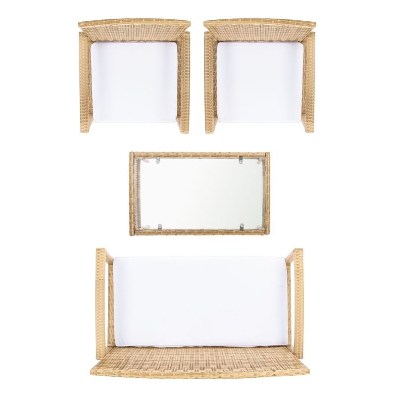 Safavieh Bassey 4Pc Wicker and Rattan Living Set in Natural / White