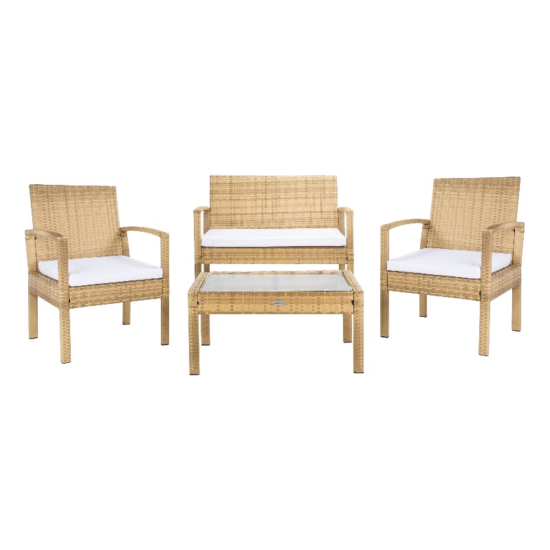 Safavieh Bassey 4Pc Wicker and Rattan Living Set in Natural / White