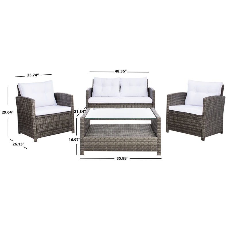 Safavieh Vellor 4 Pc Wicker and Rattan Living Set in Gray / Brown / White