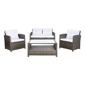 Safavieh Vellor 4 Pc Wicker and Rattan Living Set in Gray / Brown / White