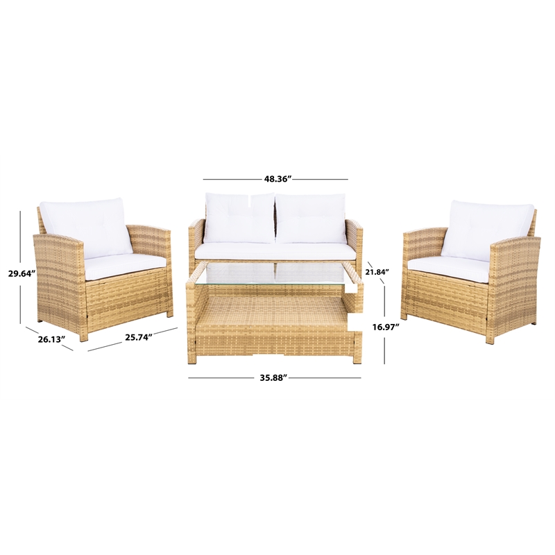 Safavieh Vellor 4 Pc Wicker and Rattan Living Set in Natural / White