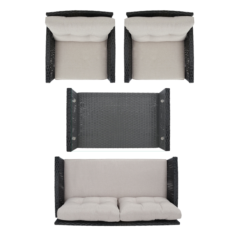 Safavieh Vellor 4 Pc Wicker and Rattan Living Set in Black / Light Gray