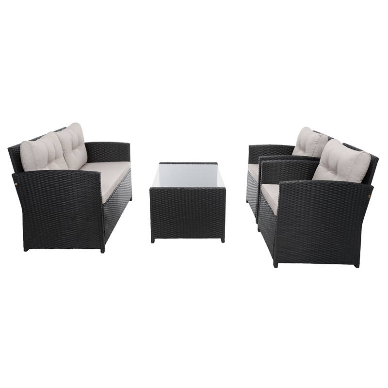 Safavieh Vellor 4 Pc Wicker and Rattan Living Set in Black / Light Gray