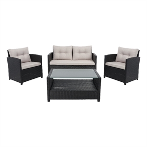 Safavieh Vellor 4 Pc Wicker and Rattan Living Set in Black / Light Gray