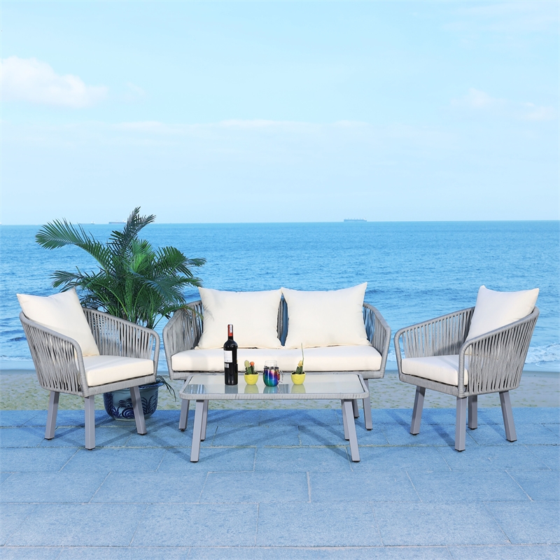 Safavieh Jorda 4Pc Steel and Fabric Living Set in Gray / Beige