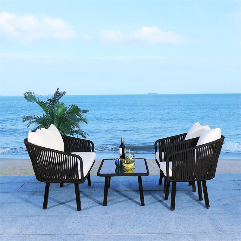 Safavieh Jorda 4Pc Steel and Fabric Living Set in Black / Beige