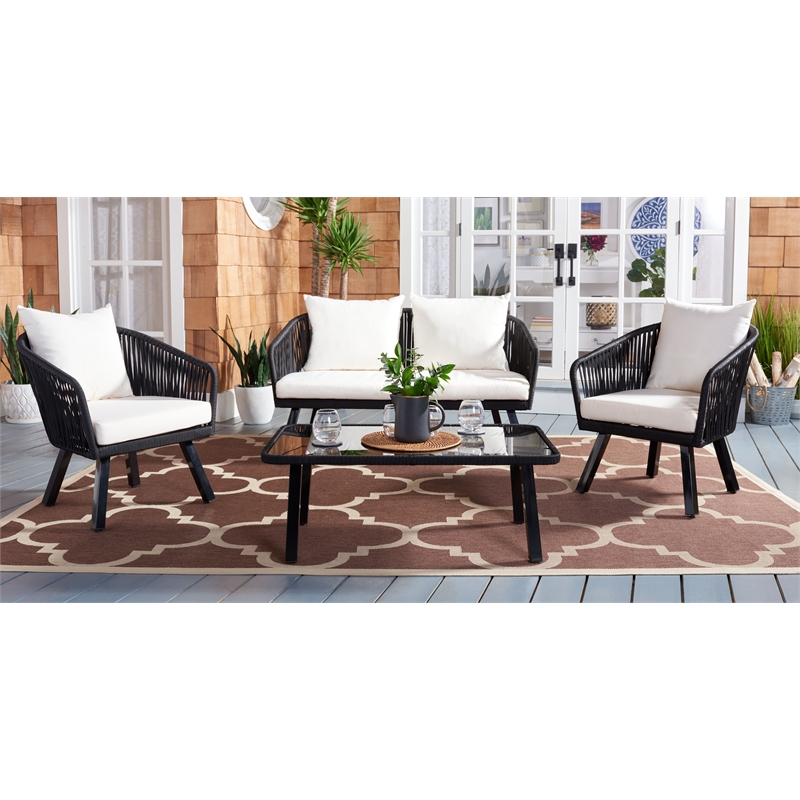 Safavieh Jorda 4Pc Steel and Fabric Living Set in Black / Beige