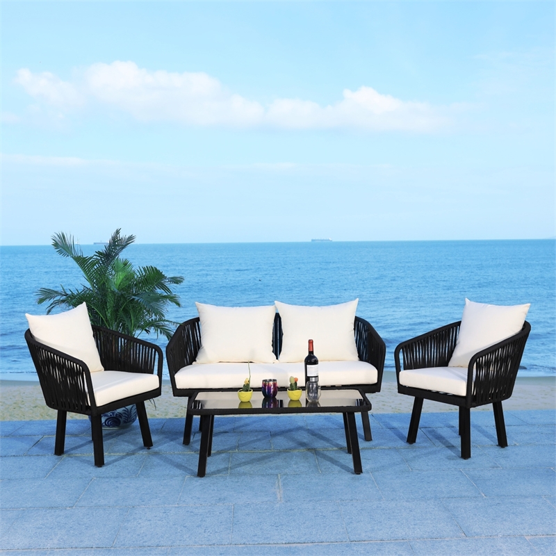 Safavieh Jorda 4Pc Steel and Fabric Living Set in Black / Beige