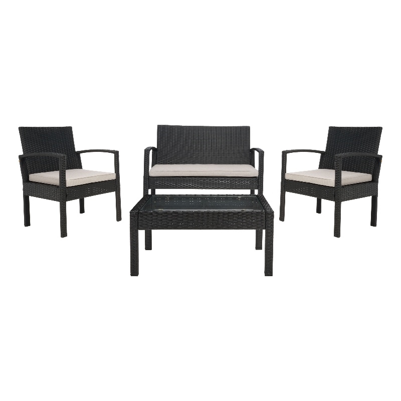 Safavieh Bassey 4Pc Wicker and Rattan Living Set in Black / Light Gray