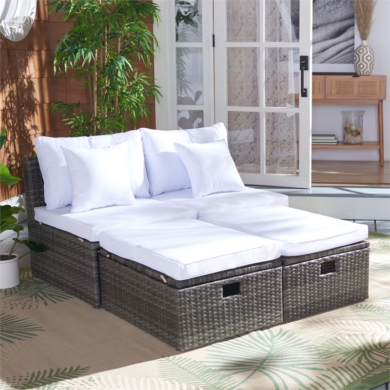 Safavieh Pramla Wicker and Rattan Sette w/Ottoman in Gray / Brown / White