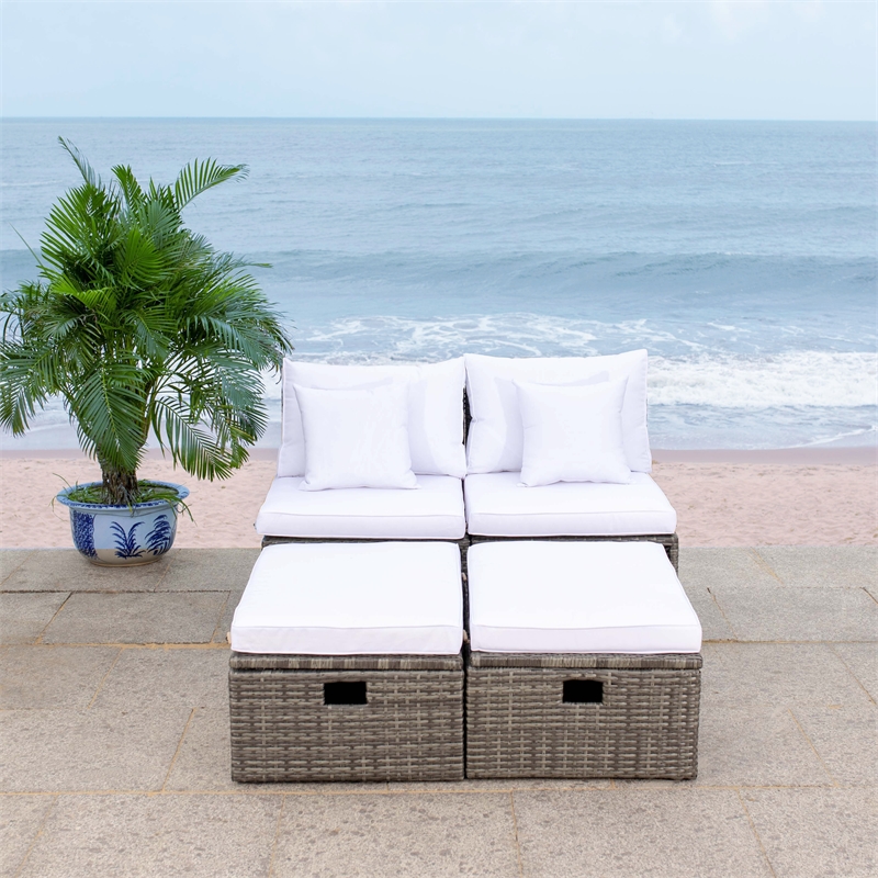 Safavieh Pramla Wicker and Rattan Sette w/Ottoman in Gray / Brown / White