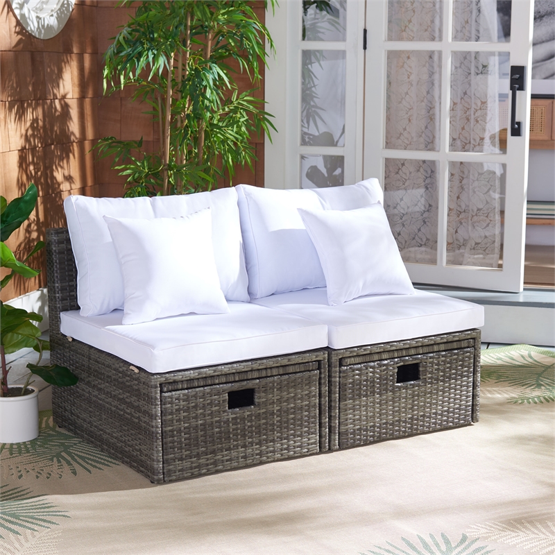 Safavieh Pramla Wicker and Rattan Sette w/Ottoman in Gray / Brown / White