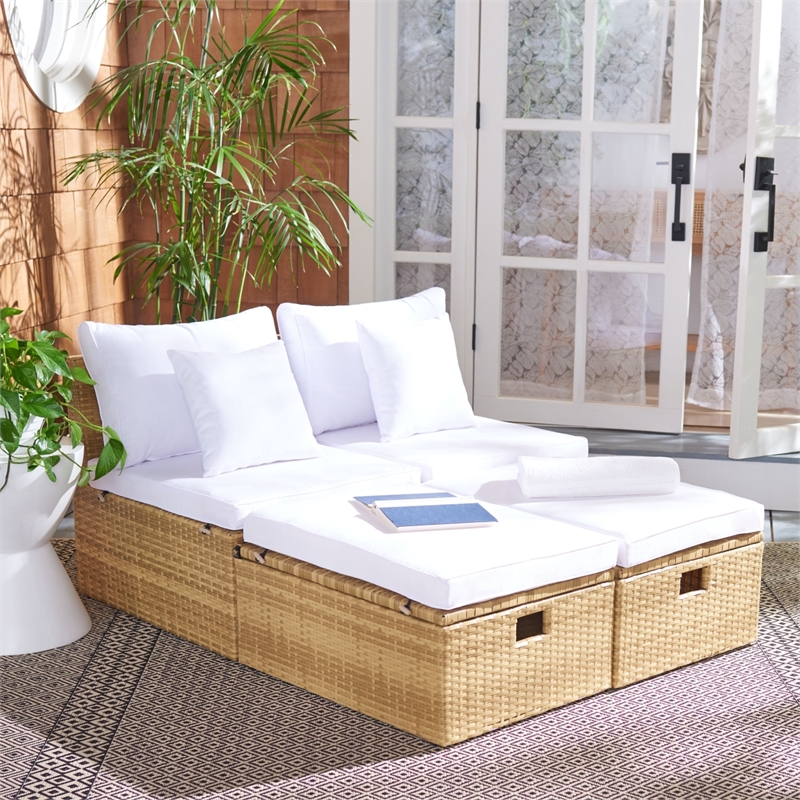 Safavieh Pramla Wicker and Rattan Sette w/Ottoman in Natural / White