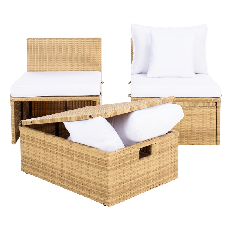 Safavieh Pramla Wicker and Rattan Sette w/Ottoman in Natural / White