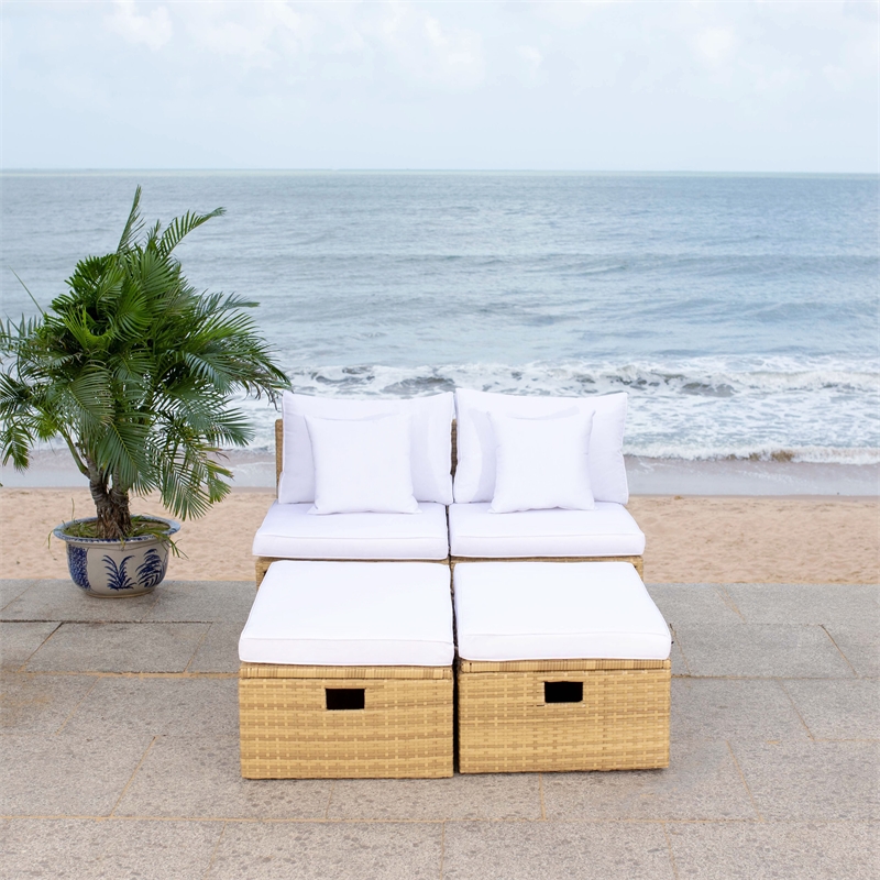 Safavieh Pramla Wicker and Rattan Sette w/Ottoman in Natural / White