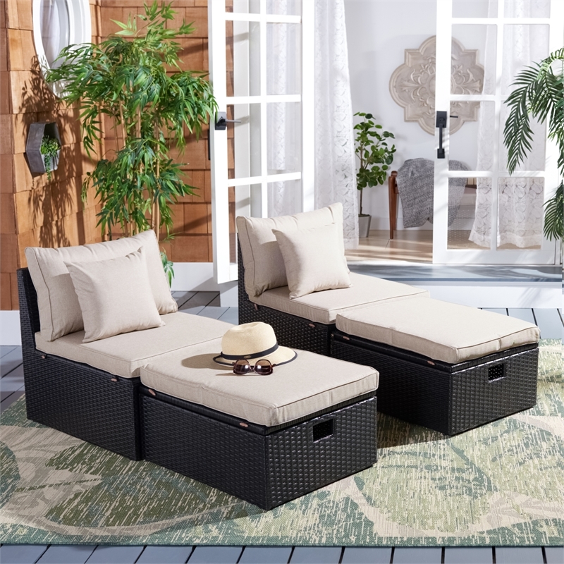 Safavieh Pramla Outdoor Wicker and Rattan Sette with Ottoman in Black/Light Gray