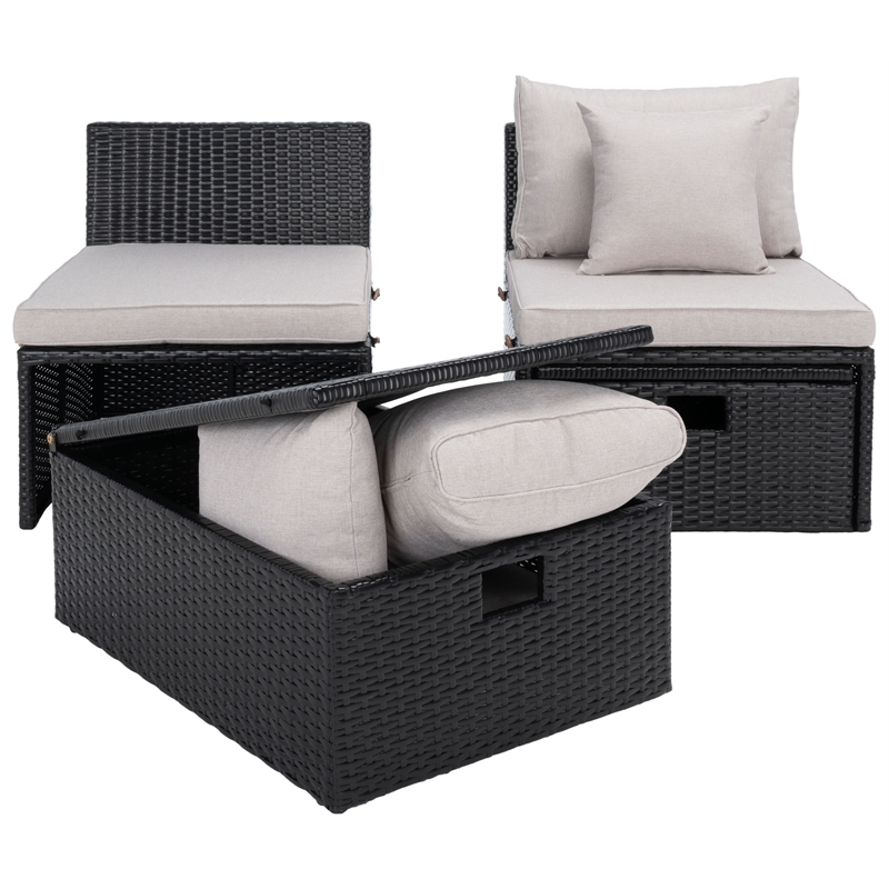 Safavieh Pramla Outdoor Wicker and Rattan Sette with Ottoman in Black/Light Gray