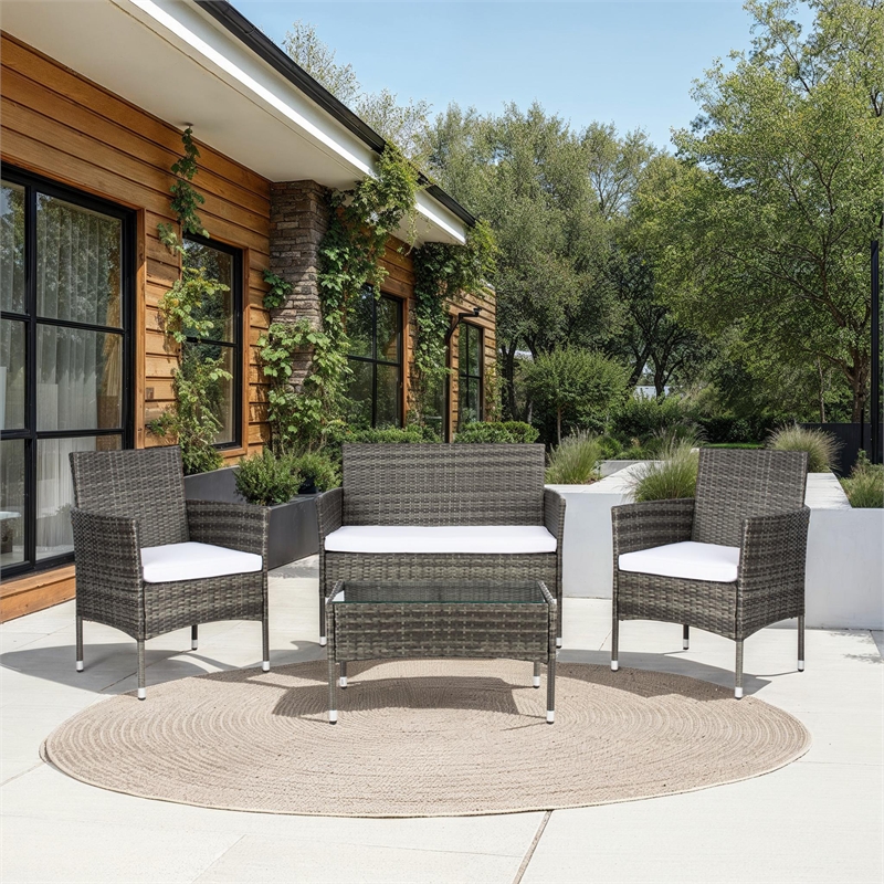 Safavieh Abdul 4Pc Wicker and Rattan Living Set in Gray / Brown / White