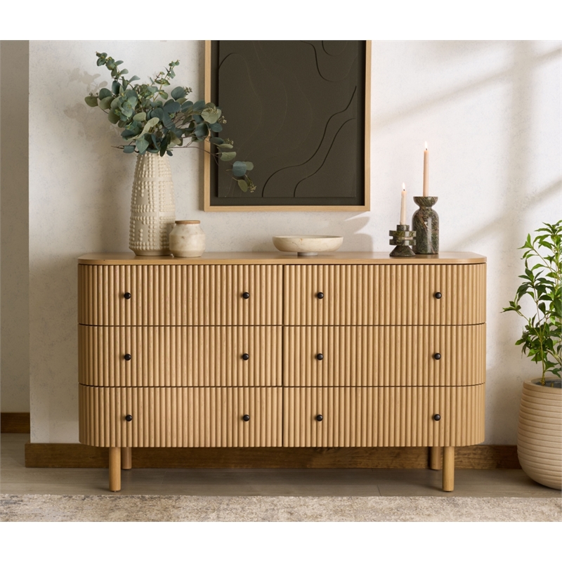 Safavieh Shelbie 6 Drawer Reeded Wood Dresser in Oak / Black
