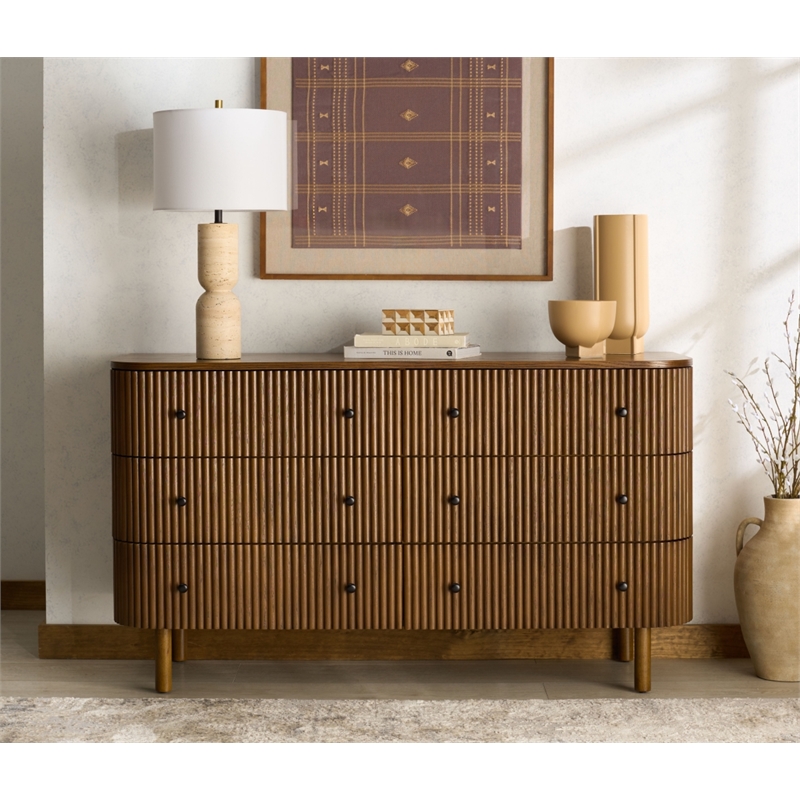 Safavieh Shelbie 6 Drawer Reeded Wood Dresser in Oak / Black