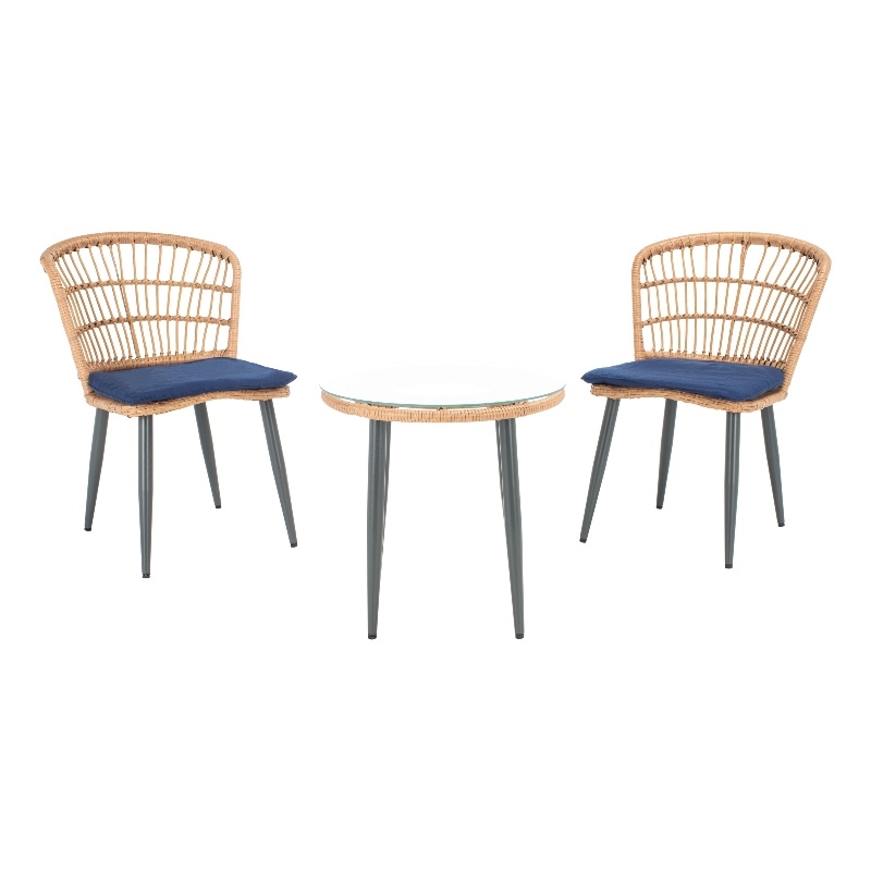 Safavieh Prenza 3Pc Rattan and Steel Lounger Set in Natural / Navy